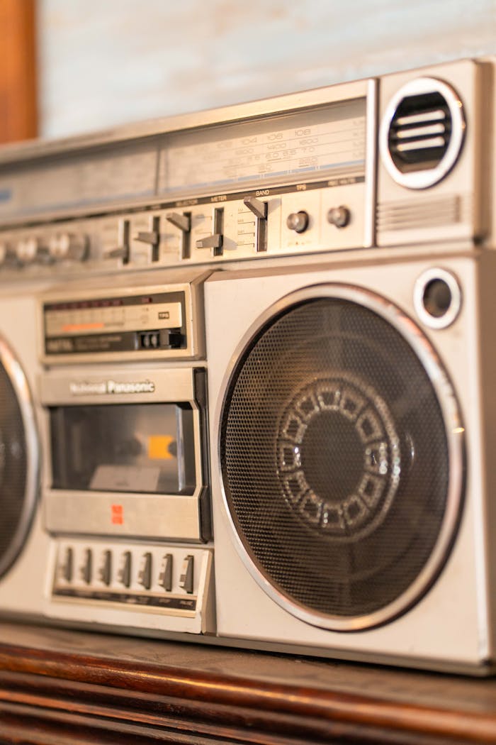 Retro boombox stereo with cassette and radio, classic 80s style electronics.